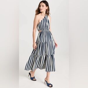 Moon River Navy and White Striped One Shoulder Maxi Dress